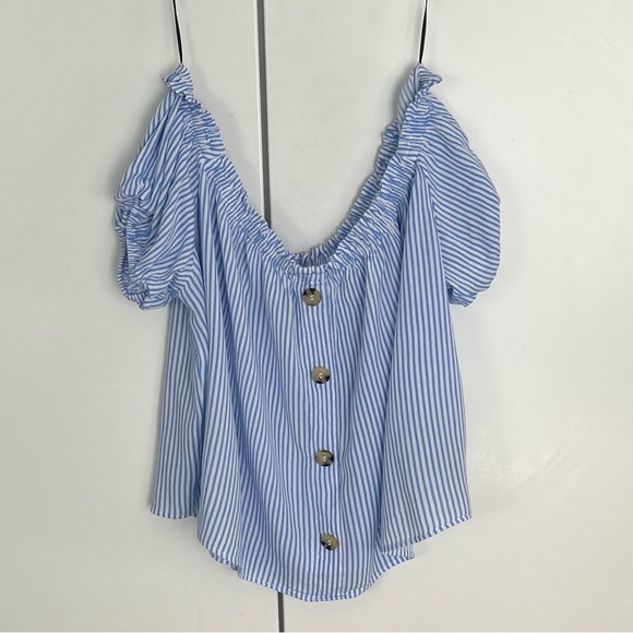 Hand M Tops - H&M Divided  Blue Striped Off the Shoulder Top with  Buttons , Size 10